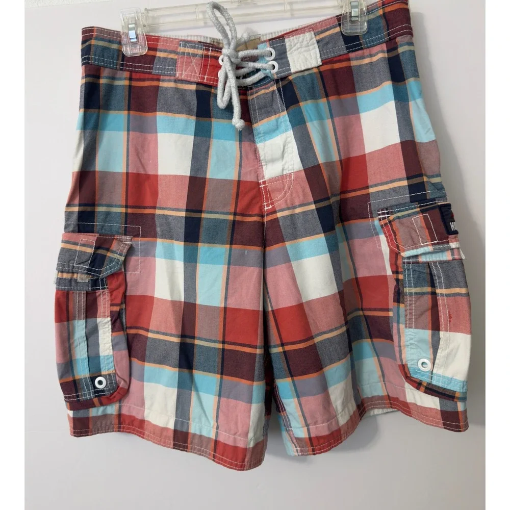 Hollister Board Shorts Mens M‎ Plaid Red Blue Cargo Swim Trunks Surf Skate Y2K